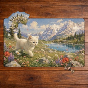 Pode incluir: Um tapete de jogo retangular apresentando um gatinho branco caminhando por um prado de flores silvestres coloridas, com um lago azul e montanhas cobertas de neve ao fundo. Uma pequena pilha de cartas correspondentes é visível no canto superior esquerdo.
