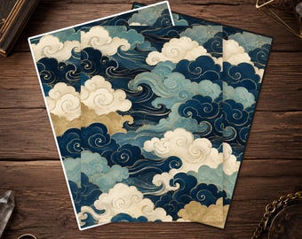 May include: A rectangular print featuring a repeating pattern of stylized swirling clouds in shades of deep navy blue, light blue, and cream. The design includes thin, delicate gold-colored lines that outline the cloud shapes, creating a layered effect.