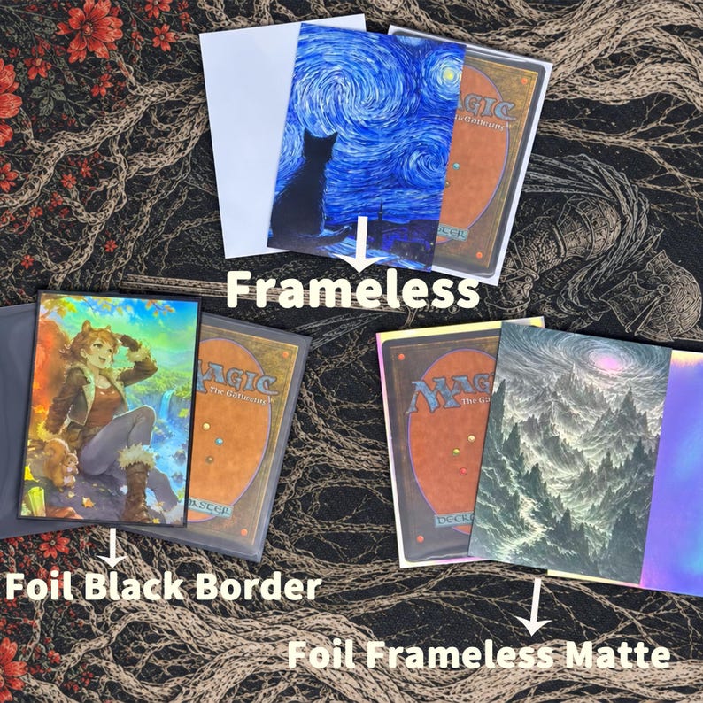 May include: Three Magic the Gathering trading cards displayed with labels. One is a frameless blue starry night cat illustration, one is a foil black border card featuring an anime-style character, and one is a foil frameless matte mountain landscape.