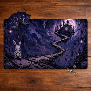 Pode incluir: Um tapete de jogo retangular com uma cena de fantasia em roxo escuro, apresentando um coelho branco com um relógio de bolso, um caminho sinuoso de cartas de baralho até um castelo gótico sob a lua cheia e vários dados poliédricos.