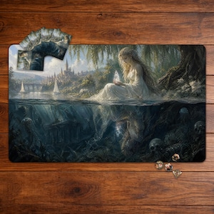 Pode incluir: Um tapete de jogo retangular com uma ilustração dividida de uma figura de cabelos longos em um vestido branco segurando um cristal brilhante sobre a água, com um castelo, veleiros e uma cena subaquática com crânios.