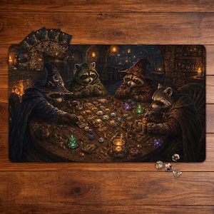 Può includere: Un tappetino da gioco rettangolare con un'illustrazione fantasy di quattro procioni vestiti con tuniche da mago seduti attorno a un tavolo rotondo di legno mentre giocano a carte. La scena include cristalli luminosi, monete d'oro e dadi.
