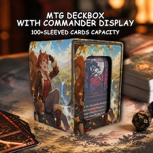 May include: A rectangular MTG deckbox with a commander display window, featuring an anime-style squirrel character illustration in a forest setting. The text reads MTG DECKBOX WITH COMMANDER DISPLAY 100+SLEEVED CARDS CAPACITY.
