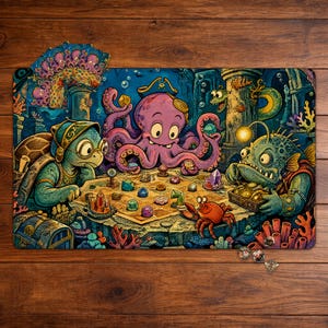 Pode incluir: Um tapete de jogo retangular com uma cena subaquática colorida onde uma tartaruga, um polvo, um caranguejo e um peixe-pescador jogam um jogo de tabuleiro. A ilustração inclui corais, baús de tesouro e vários dados poliédricos espalhados.