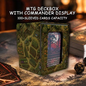 May include: A rectangular MTG deckbox with a commander display window and a capacity for 100+ sleeved cards. The exterior features a detailed green garden illustration. Text on the box reads: MTG DECKBOX WITH COMMANDER DISPLAY 100+SLEEVED CARDS CAPACITY.