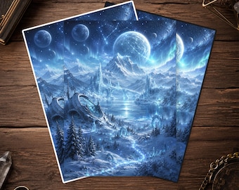 May include: A rectangular art print featuring a fantasy landscape with snow-covered mountains, icy spires, and a glowing blue river. The scene is set under a night sky filled with multiple moons, stars, and constellations in shades of blue and white.