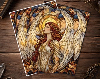 May include: A rectangular art print featuring a stained glass style illustration of a winged figure with long red hair, wearing a white gown. The figure is positioned against a circular golden halo, surrounded by stylized floral elements and clouds.