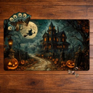 Könnte beinhalten: Eine rechteckige Spielmatte mit einer düsteren Halloween-Szene, die ein großes Spukhaus, einen Vollmond mit einer Hexe auf einem Besen und leuchtende Kürbisse entlang eines Weges zeigt. Das Design enthält einen Fächer aus Karten und Würfeln.