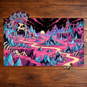 Pode incluir: Um tapete de jogo retangular com uma paisagem de fantasia vibrante, apresentando terreno rosa, montanhas cristalinas azuis e um caminho amarelo sinuoso. A cena inclui grandes formações rochosas em forma de crânio, cascatas e um céu escuro.