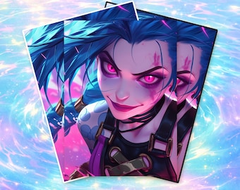 May include: Artwork featuring a character with blue hair and pink eyes. The character has a mischievous expression and is wearing a black top with purple accents. The background is a vibrant mix of pink and blue.
