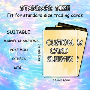 May include: Two rectangular card sleeves with a light yellow watercolor texture and the text CUSTOM CARD SLEEVES. The sleeves measure 2.6 inches by 3.6 inches. Text lists compatibility with Marvel Champions, Pokemon, MTG, and other trading cards.