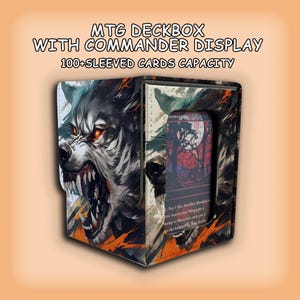 May include: A rectangular MTG deckbox with a commander display window, featuring a graphic of a snarling wolf with glowing orange eyes. The text reads MTG DECKBOX WITH COMMANDER DISPLAY and 100+SLEEVED CARDS CAPACITY. The box has a textured finish.