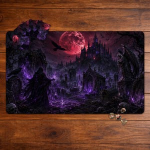 May include: A rectangular playmat featuring a dark fantasy illustration of a gothic castle, a graveyard with stone monuments, a large red moon, and a cloaked figure casting purple magic. Several small multi-sided gaming dice are placed nearby.