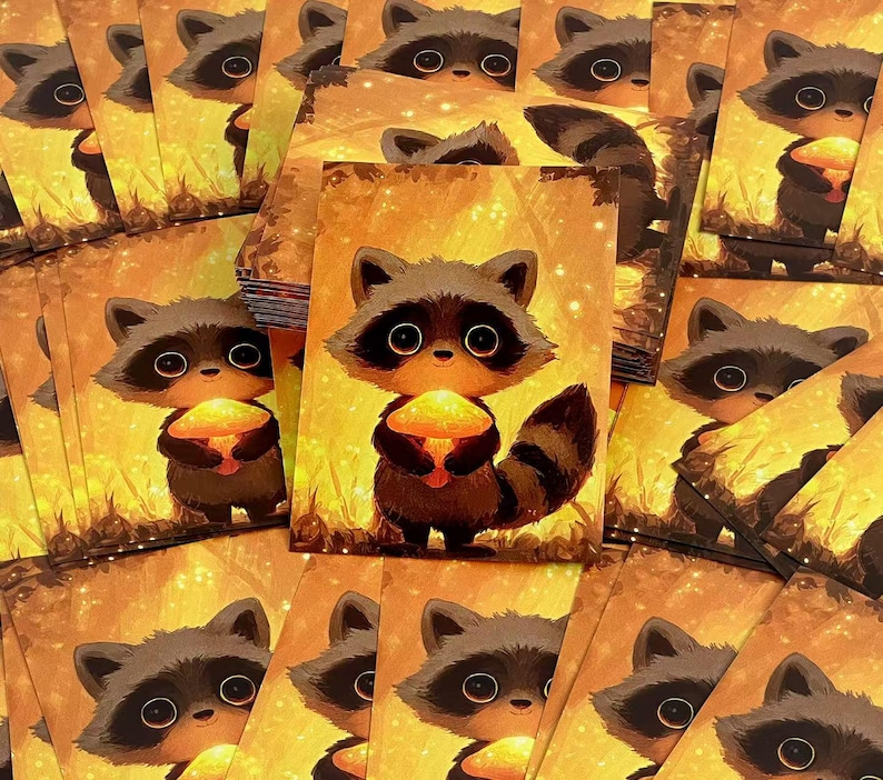 May include: A stack of rectangular art prints featuring a cartoon raccoon with large eyes holding a glowing yellow mushroom. The background is a warm, golden-toned forest scene with soft light particles, creating a bright and luminous atmosphere.