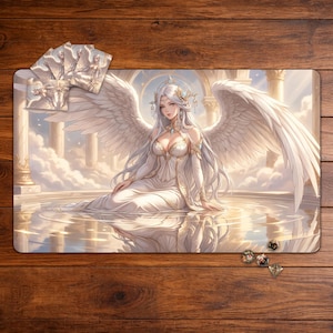 May include: A rectangular playmat featuring an illustration of a winged figure with long white hair and a white gown sitting in shallow water. The scene includes large white wings, golden accents, and a background of classical pillars and clouds.