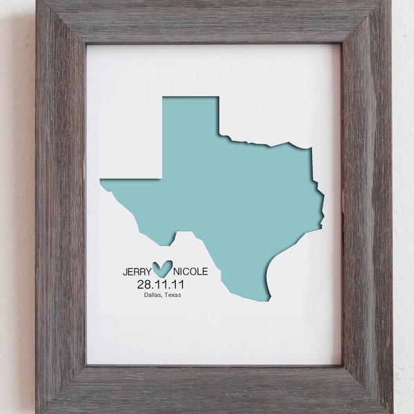 Personalized Paper Cut Out of  Texas Map 8"x10" for Gift and Wedding Gift