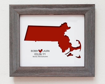 Gepersonaliseerd papier uitgesneden uit Massachusetts Kaart 8 "x10" voor cadeau en huwelijksgeschenk