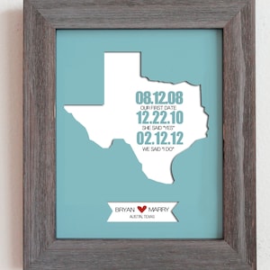 Personalized Paper Cut Out of Texas Map 8&quot;x10&quot; with Printed Dates for Anniversary Gift and Wedding Gift