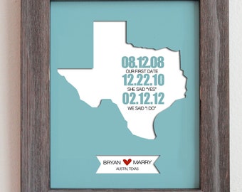 Gepersonaliseerd papier uitgesneden uit Texas Kaart 8 "x10" met gedrukte data voor verjaardagscadeau en huwelijksgeschenk