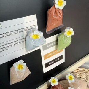 Puede incluir: Una colección de imanes de nevera con forma de pequeñas bolsas de plástico rellenas de líquido de colores y perlas de tapioca, cada una rematada con una flor de plumeria blanca y amarilla. Los imanes están sujetos a una pizarra negra.