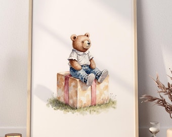 Bear with Gift Wall Art – Bear Print for Boy’s Nursery & Home Decor – Digital Download