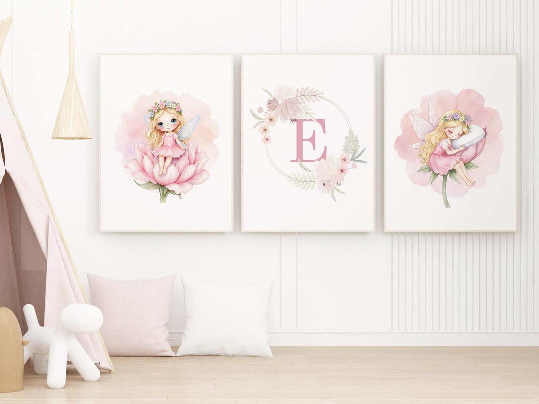 Fairy Nursery Wall Art Set for Girl – Personalized Initial Print ...