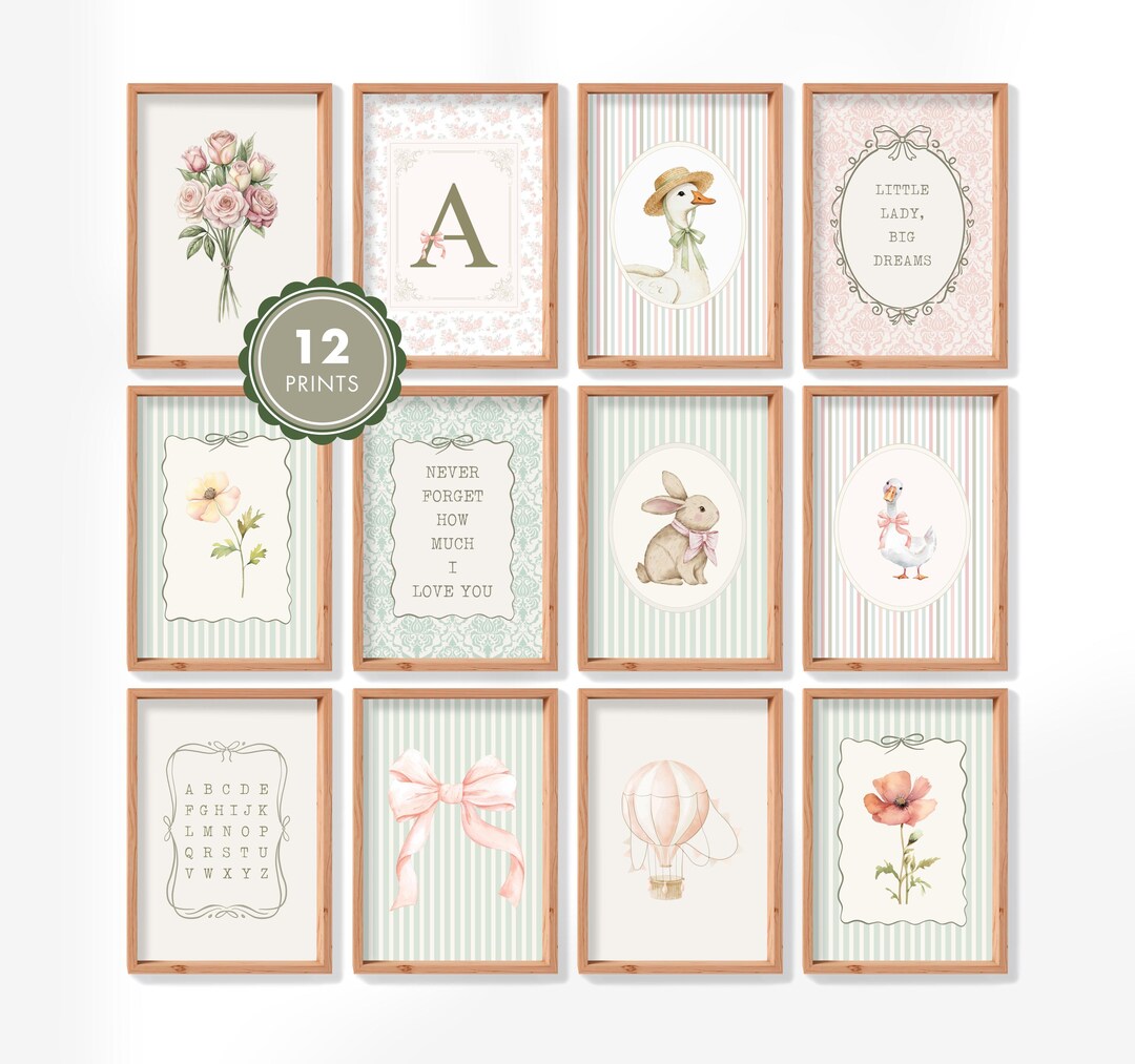 Cottagecore Nursery Wall Art Set of 12, Shabby Chic Prints, Sage Green ...