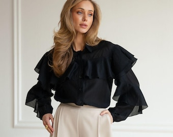 Blusa preta com babados, blusa elegante de manga comprida, roupa sofisticada para o escritório, blusa estilo eduardiano, blusa para casamento, camisa de noite feminina.