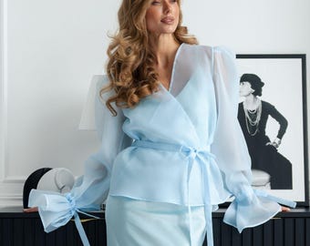Organza Wrap Blouse, Sheer Long Sleeve Top, Elegant Transparent Blouse for Evening or Wedding Outfit