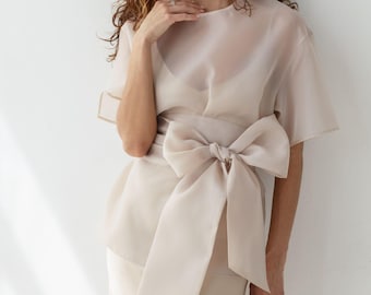 Blusa de organza mate, top transparente de manga corta, blusa de mujer para boda o graduación.