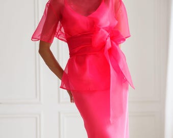 Bright Satin Dress Set with Organza Blouse, Women’s Two Piece Outfit, Fuchsia Midi Dress