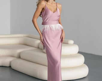 Satin Brautjungfer Kleid, Rosa Maxi Kleid, Wasserfallausschnitt, Abendkleid, Brautparty-Kleidung, Hochzeit Gast-Look