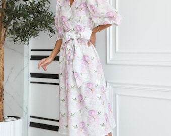 Linen Midi Dress with Floral Print, Puff Sleeve Summer Dress, Belted Women Dress, Cottagecore Outfit, Garden Party Dress