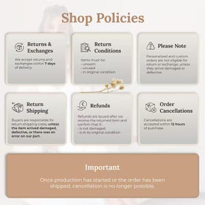 May include: A beige infographic titled Shop Policies featuring six square panels with icons and text regarding returns, exchanges, conditions, shipping, refunds, and cancellations, plus a bottom banner stating that cancellations are not possible after production.
