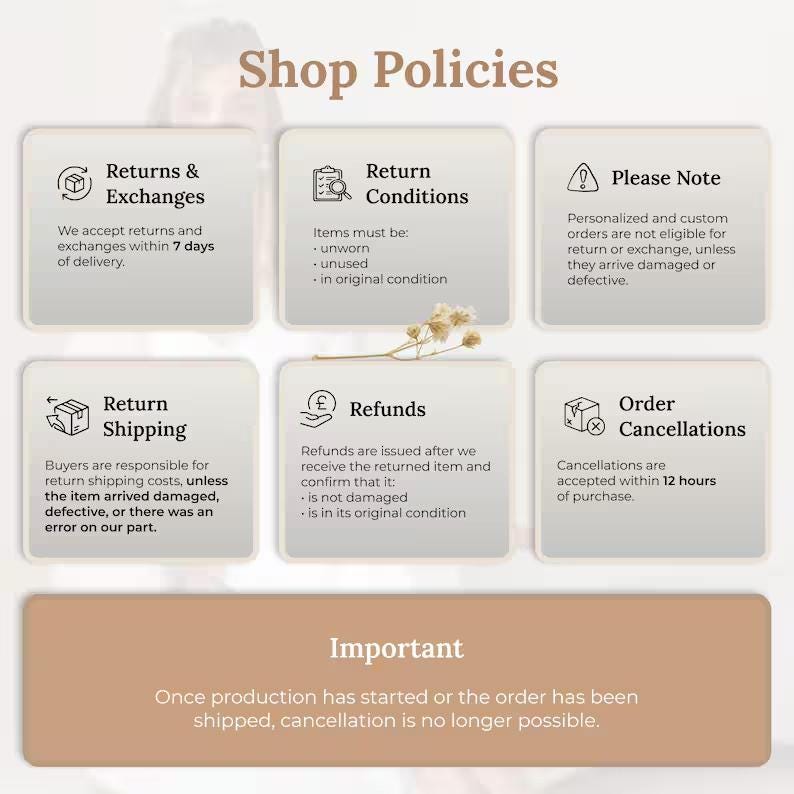 May include: A beige infographic titled Shop Policies featuring six square panels with icons and text regarding returns, exchanges, conditions, shipping, refunds, and cancellations, plus a bottom banner stating that cancellations are not possible after production.