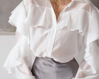 Layered Ruffle Blouse Women, Long Sleeve Button Front Shirt, Romantic Ruffle Detail Top, Elegant Feminine Blouse