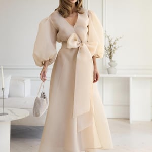 beige silk dress with sleeves Cream Satin Long Sleeve Maxi Dress