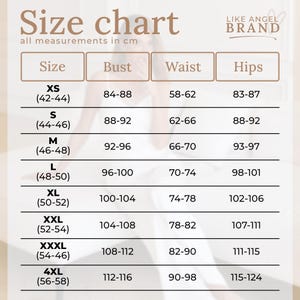 May include: A Like Angel Brand size chart with text in brown on a white background. The table lists sizes from XS to 4XL with corresponding bust, waist, and hip measurements in centimeters. Columns include Size, Bust, Waist, and Hips.