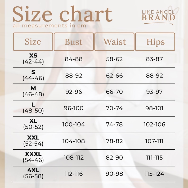 May include: A Like Angel Brand size chart with text in brown on a white background. The table lists sizes from XS to 4XL with corresponding bust, waist, and hip measurements in centimeters. Columns include Size, Bust, Waist, and Hips.