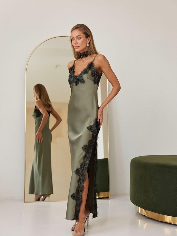 green lace slip dress Olive Maxi Satin & Dress, Long Women Formal Strapless Dress, Simple Bridal Outfit 10312025 ER ECOM