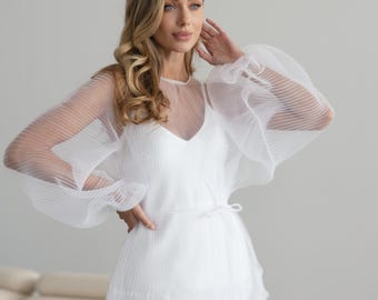Pleated Sheer Bridal Blouse with Voluminous Sleeves, Sheer Wedding Top for Bride, Modern Bridal Separate, Feminine Wedding Outfit