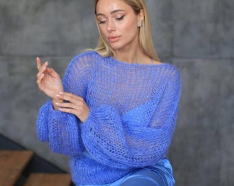 Blauwe doorschijnende gebreide trui, lichtgewicht zomertrui, los gebreide top voor dames, zachte luchtige trui, kustoutfit