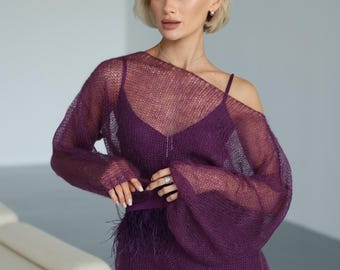 Sheer Mohair Sweater for Women, Airy Loose Knit Pullover, Soft Fluffy Mohair Jumper, Lightweight Transparent Knit Sweater, One Size