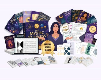 May include: An assortment of spiritual and self-help books and guides, including journals, planners, and cheat sheets. Titles include "The Mystic Business," "Crystal Journey," and "Manifestation Planner." A woman with dark hair and a crescent moon on her forehead is featured.