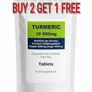 May include: A white stand-up pouch containing a food supplement. The label features the text "BUY 2 GET 1 FREE" at the top, followed by "TURMERIC 10 000mg", "Nutrition per serving Turmeric 10000mg, Black Pepper 600mg, Ginger 600mg", "Suggested Use: 2 Tablets every day", "Tablets", and "Food Supplement".