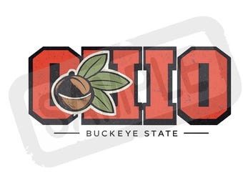 May include: A distressed graphic design featuring the word "OHIO" in red, outlined in black, with a buckeye and leaves. Below the word "OHIO" is the text "BUCKEYE STATE" in black.