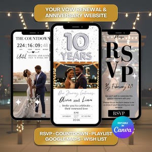 Op de afbeelding: Een digitale uitnodiging voor een website voor het hernieuwen van geloften en een jubileum. Het ontwerp toont drie smartphoneschermen met evenementdetails, waaronder een countdown, RSVP-informatie en een foto van het paar. De tekst bevat "10 jaar" en "Olivia en Liam".