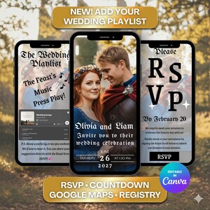 Könnte beinhalten: Drei Smartphones zeigen Inhalte zum Thema Hochzeit. Das zentrale Telefon zeigt ein Paar mit dem Text "Olivia und Liam laden Sie zu ihrer Hochzeitsfeier am 26. Juni 2027 ein." Andere Telefone zeigen eine Hochzeits-Playlist und RSVP-Details.