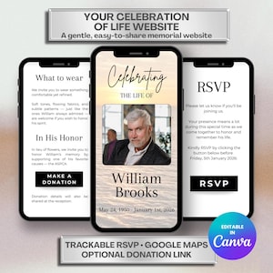 Könnte beinhalten: Drei Smartphones zeigen eine Gedenkwebsite-Oberfläche. Das zentrale Telefon zeigt ein Foto eines Mannes mit dem Text "Celebrating the Life of William Brooks". Andere Bildschirme zeigen RSVP- und Spendenoptionen. Die Website ist für einfaches Teilen konzipiert.