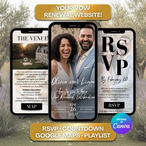 Op de afbeelding: Een digitale uitnodiging voor een vernieuwingsceremonie, weergegeven op drie smartphones. De centrale telefoon toont een lachend stel, met evenementdetails inclusief datum, tijd en locatie. Extra telefoons tonen locatiegegevens en RSVP-informatie.